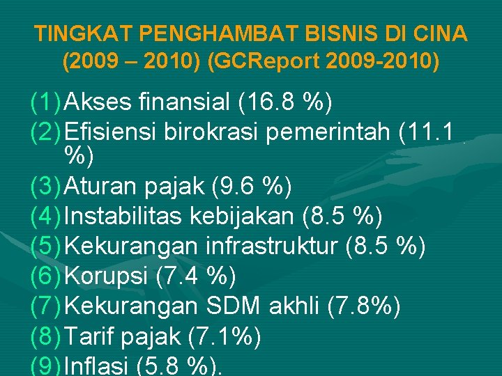 TINGKAT PENGHAMBAT BISNIS DI CINA (2009 – 2010) (GCReport 2009 -2010) (1) Akses finansial