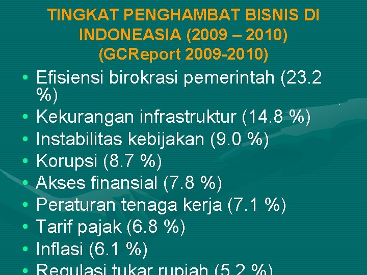 TINGKAT PENGHAMBAT BISNIS DI INDONEASIA (2009 – 2010) (GCReport 2009 -2010) • Efisiensi birokrasi