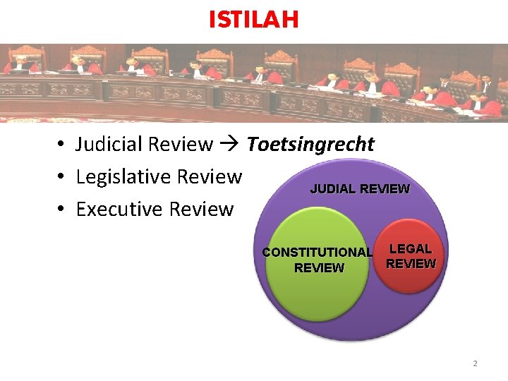 ISTILAH • Judicial Review Toetsingrecht • Legislative Review JUDIAL REVIEW • Executive Review CONSTITUTIONAL