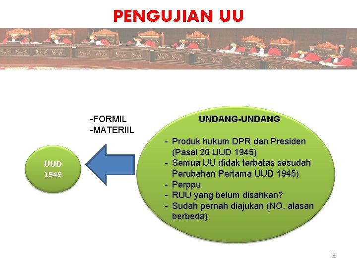 PENGUJIAN UU -FORMIL -MATERIIL UUD 1945 UNDANG-UNDANG - Produk hukum DPR dan Presiden (Pasal