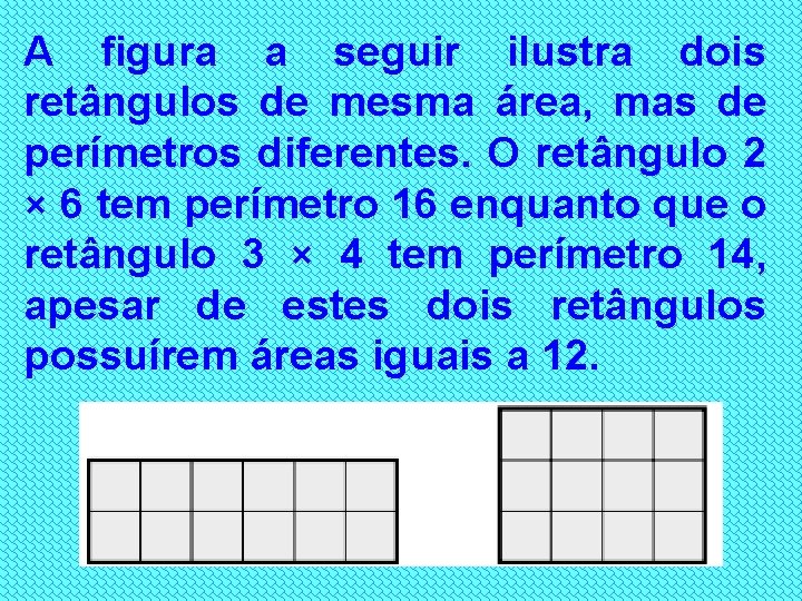 A figura a seguir ilustra dois retângulos de mesma área, mas de perímetros diferentes.