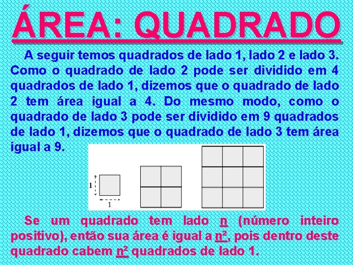 ÁREA: QUADRADO A seguir temos quadrados de lado 1, lado 2 e lado 3.