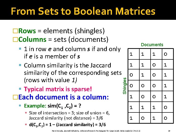 From Sets to Boolean Matrices �Rows = elements (shingles) �Columns = sets (documents) �Each