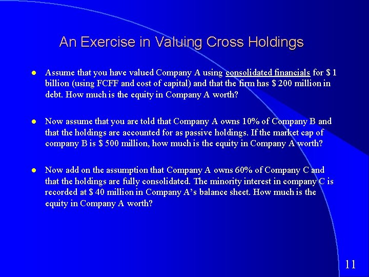 An Exercise in Valuing Cross Holdings Assume that you have valued Company A using