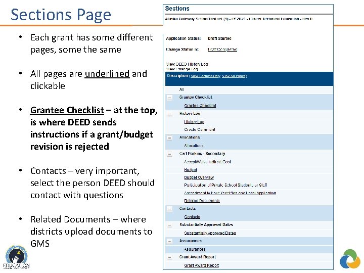 Sections Page • Each grant has some different pages, some the same • All