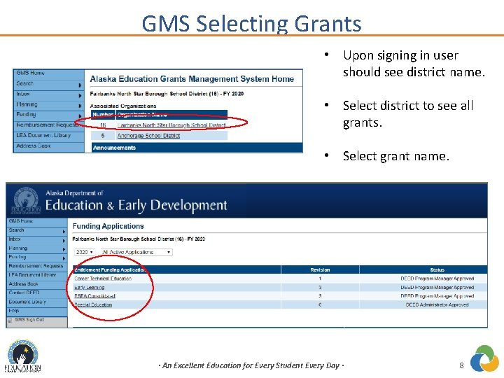 GMS Selecting Grants • Upon signing in user should see district name. • Select