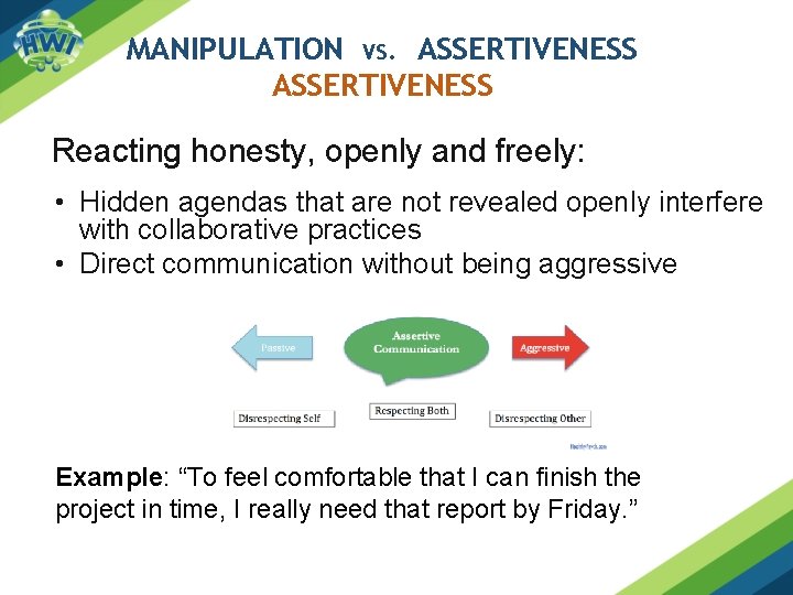 MANIPULATION VS. ASSERTIVENESS Reacting honesty, openly and freely: • Hidden agendas that are not