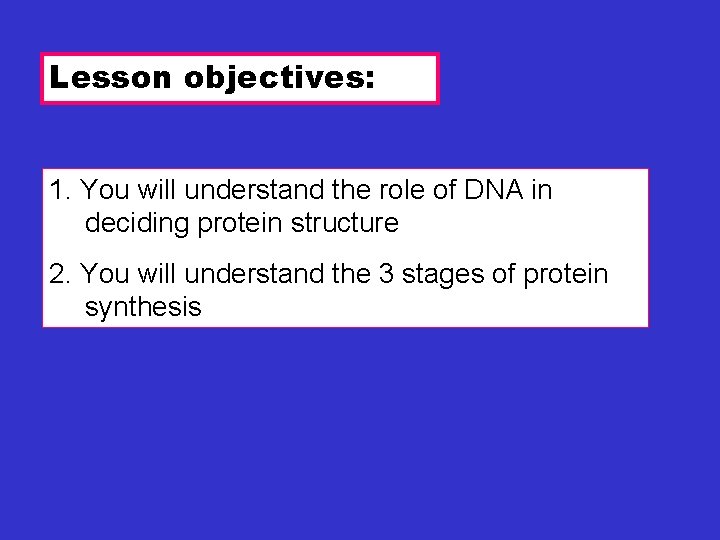 Lesson objectives: 1. You will understand the role of DNA in deciding protein structure