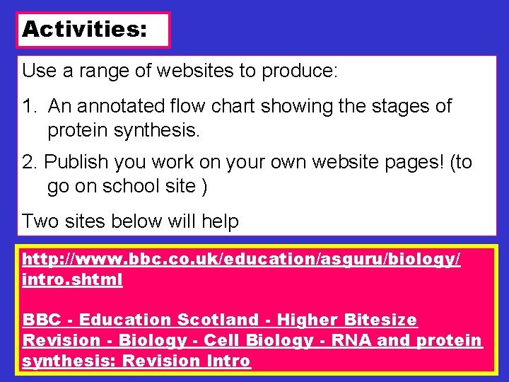 Activities: Use a range of websites to produce: 1. An annotated flow chart showing