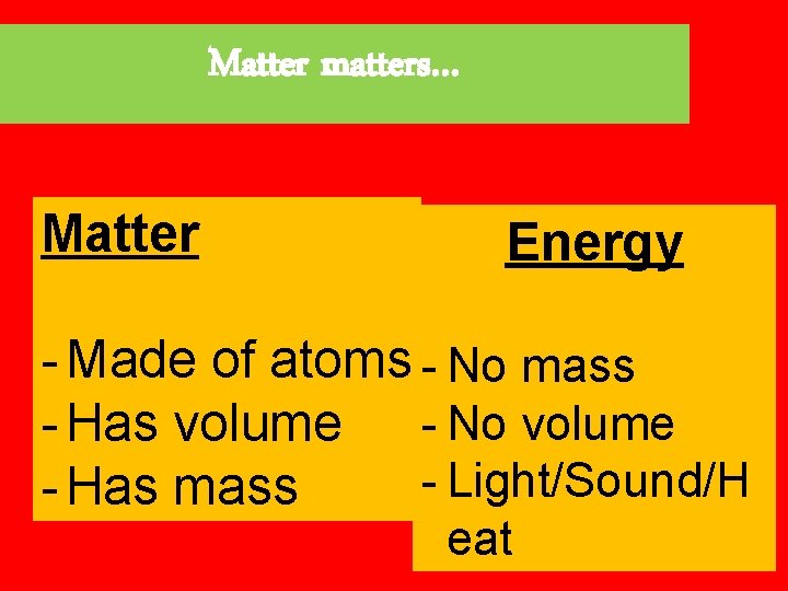 Matter matters… Matter Energy - Made of atoms - No mass - Has volume