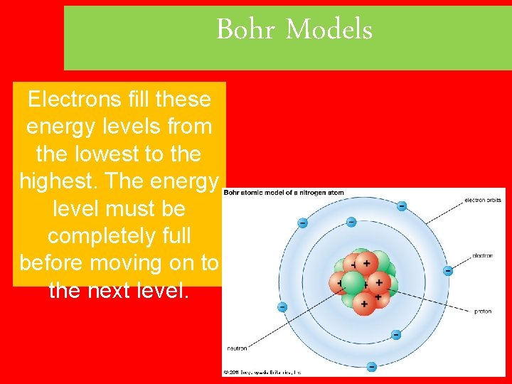 Bohr Models Electrons fill these energy levels from the lowest to the highest. The