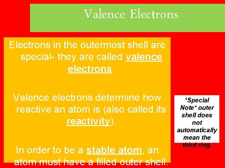 Valence Electrons in the outermost shell are special- they are called valence electrons. Valence