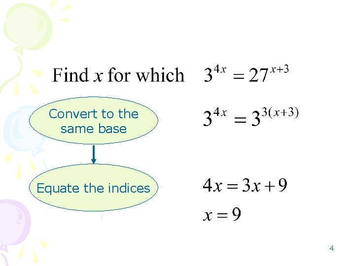 Convert to the same base Equate the indices 4 