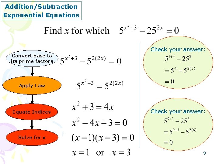 Addition/Subtraction Exponential Equations Check your answer: Convert base to its prime factors Apply Law