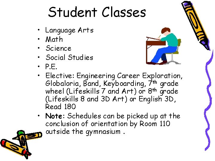 Student Classes • • • Language Arts Math Science Social Studies P. E. Elective: