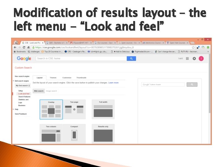 Modification of results layout – the left menu - “Look and feel” 