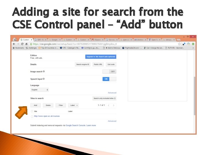 Adding a site for search from the CSE Control panel – “Add” button 