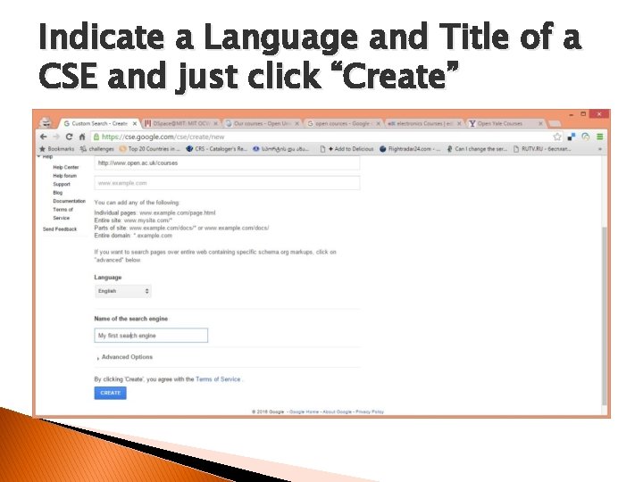 Indicate a Language and Title of a CSE and just click “Create” 