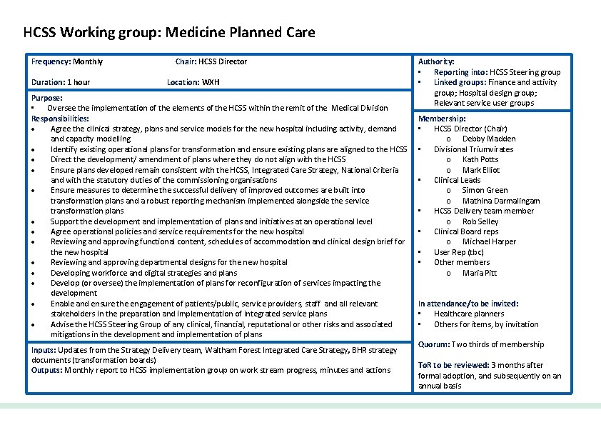 HCSS Working group: Medicine Planned Care Frequency: Monthly Duration: 1 hour Chair: HCSS Director