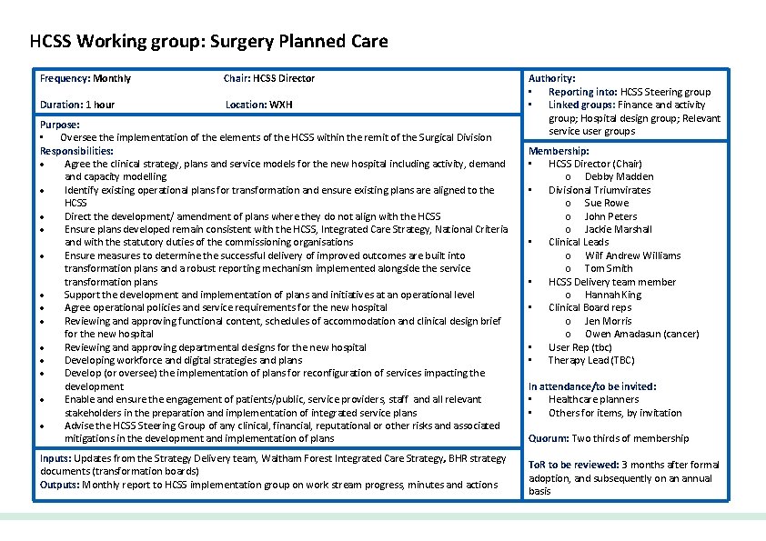 HCSS Working group: Surgery Planned Care Frequency: Monthly Chair: HCSS Director Duration: 1 hour