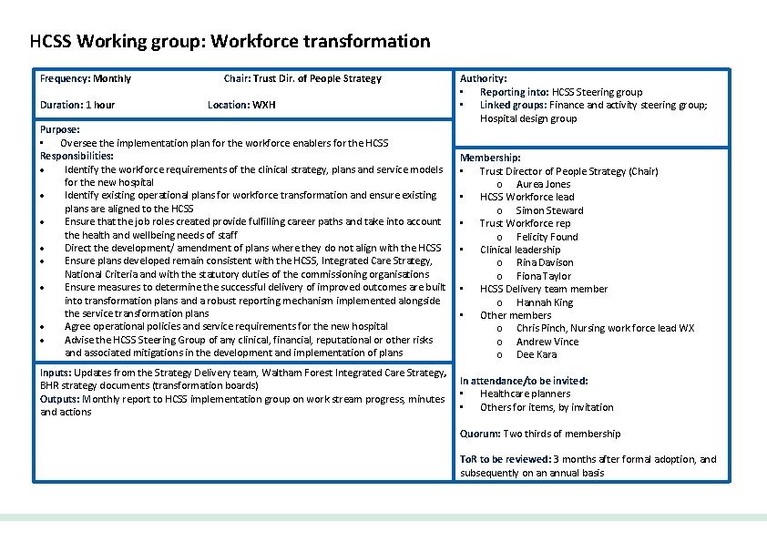 HCSS Working group: Workforce transformation Frequency: Monthly Duration: 1 hour Chair: Trust Dir. of