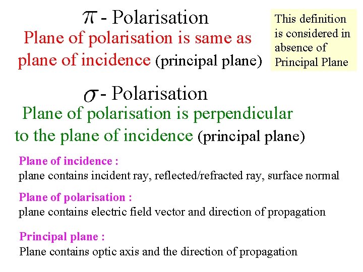 - Polarisation Plane of polarisation is same as plane of incidence (principal plane) This