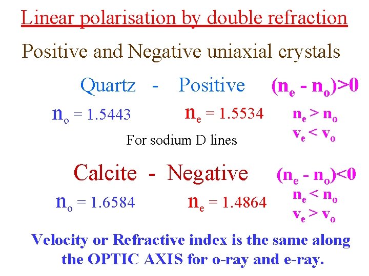 Linear polarisation by double refraction Positive and Negative uniaxial crystals Quartz - no =