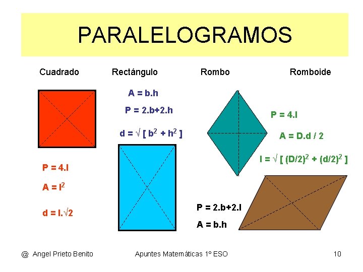 PARALELOGRAMOS Cuadrado Rectángulo Romboide A = b. h P = 2. b+2. h P PARALELOGRAMOS Cuadrado Rectángulo Romboide A = b. h P = 2. b+2. h P