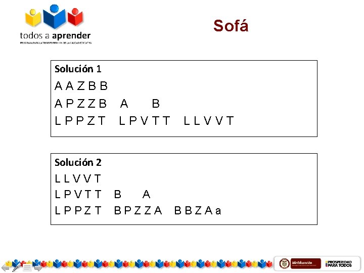 Sofá Solución 1 AAZBB APZZB A B LPPZT LPVTT Solución 2 LLVVT LPVTT LPPZT