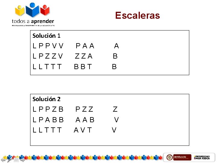 Escaleras Solución 1 LPPVV LPZZV LLTTT PAA ZZA BBT A B B PZZ AAB