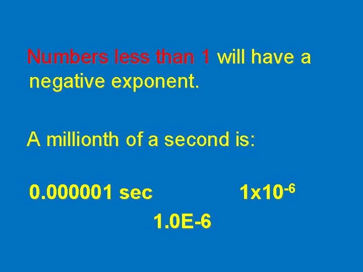 Numbers less than 1 will have a negative exponent. A millionth of a second