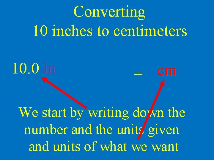 Converting 10 inches to centimeters 10. 0 in = cm We start by writing