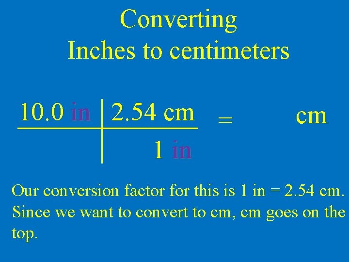 Converting Inches to centimeters 10. 0 in 2. 54 cm = 1 in cm