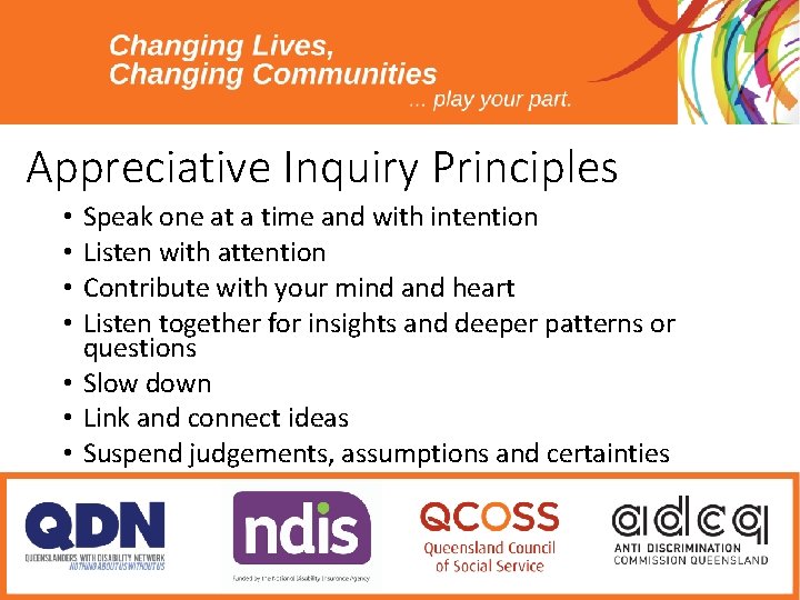 Appreciative Inquiry Principles Speak one at a time and with intention Listen with attention