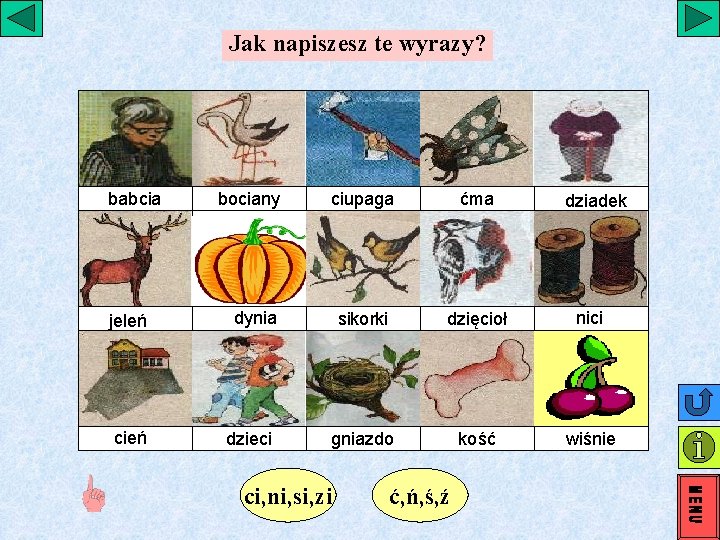 Jak napiszesz te wyrazy? babcia bociany jeleń dynia cień dzieci ciupaga ćma sikorki dzięcioł Jak napiszesz te wyrazy? babcia bociany jeleń dynia cień dzieci ciupaga ćma sikorki dzięcioł