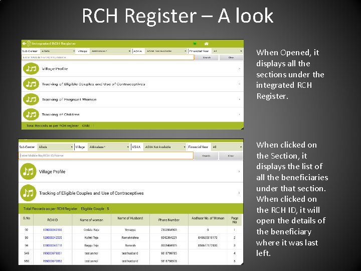 RCH Register – A look When Opened, it displays all the sections under the