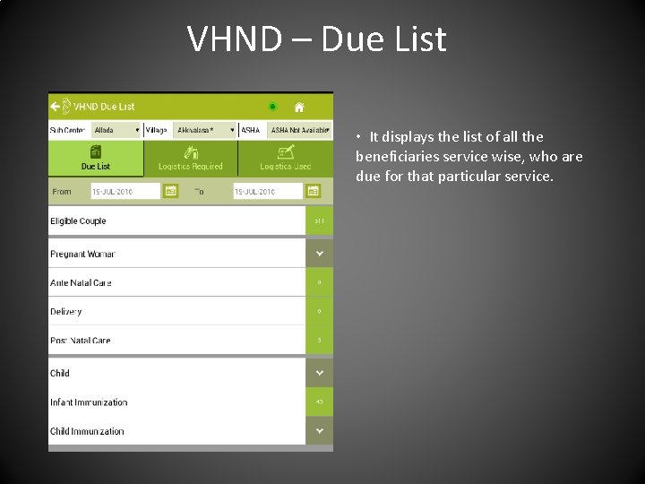 VHND – Due List • It displays the list of all the beneficiaries service