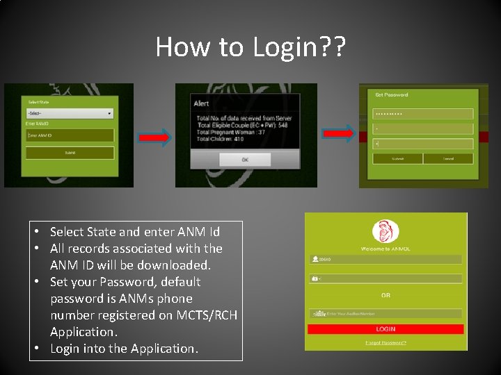 How to Login? ? • Select State and enter ANM Id • All records