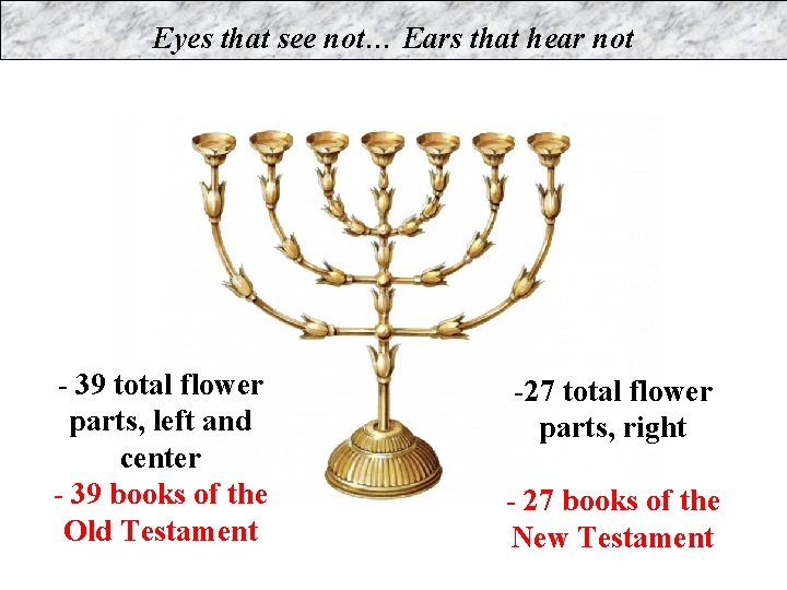 Eyes that see not… Ears that hear not - 39 total flower parts, left