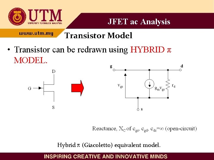 JFET ac Analysis Transistor Model • Transistor can be redrawn using HYBRID π MODEL.