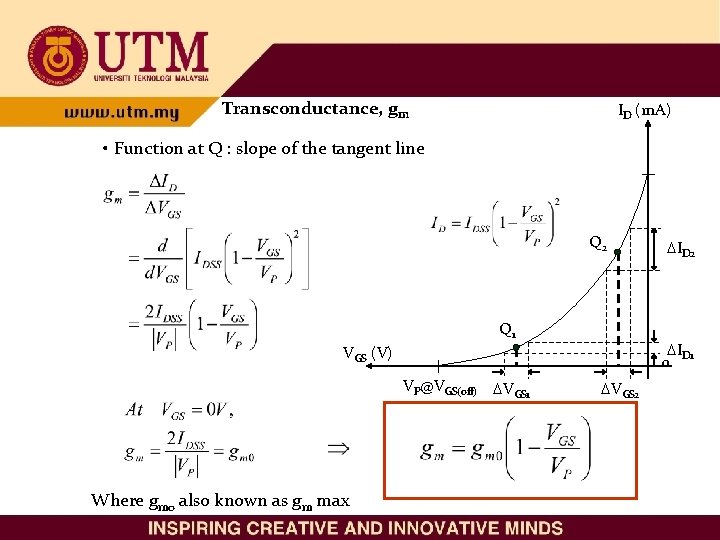 Transconductance, gm ID (m. A) • Function at Q : slope of the tangent