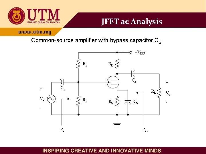 JFET ac Analysis Common-source amplifier with bypass capacitor CS +VDD R 1 RD C