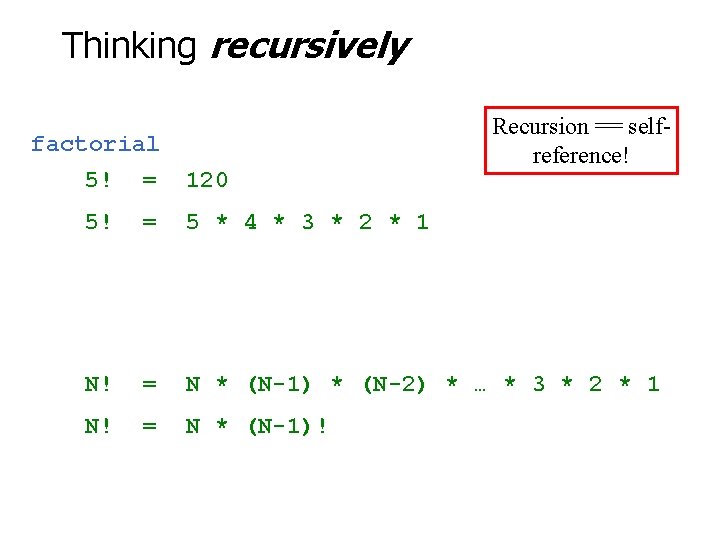 Thinking recursively factorial 5! = 120 Recursion == selfreference! 5! = 5 * 4