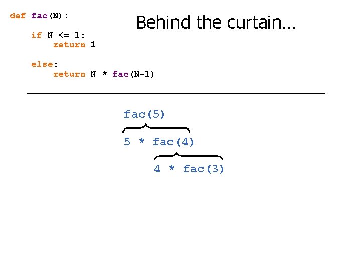 def fac(N): if N <= 1: return 1 Behind the curtain… else: return N