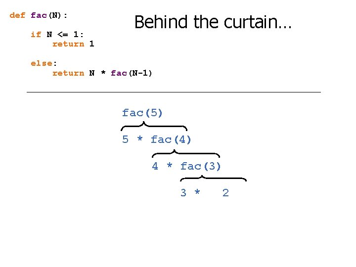 def fac(N): if N <= 1: return 1 Behind the curtain… else: return N