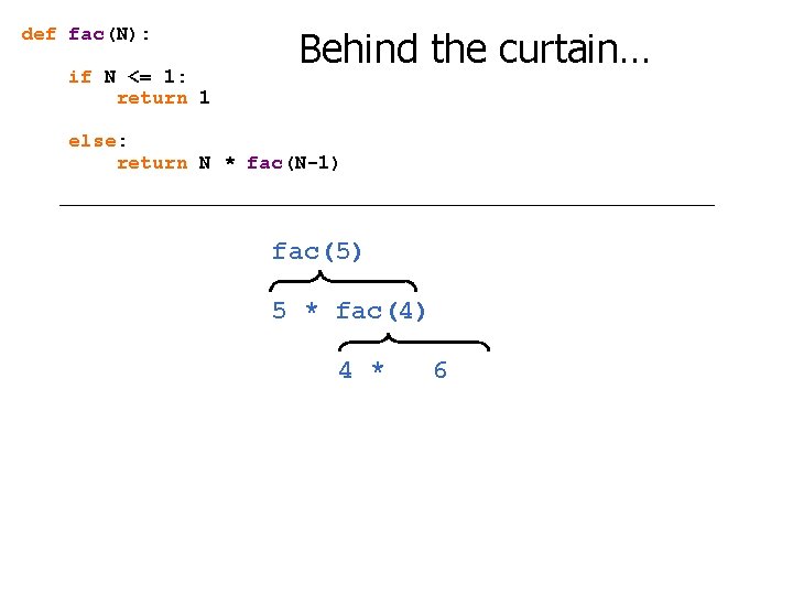 def fac(N): if N <= 1: return 1 Behind the curtain… else: return N