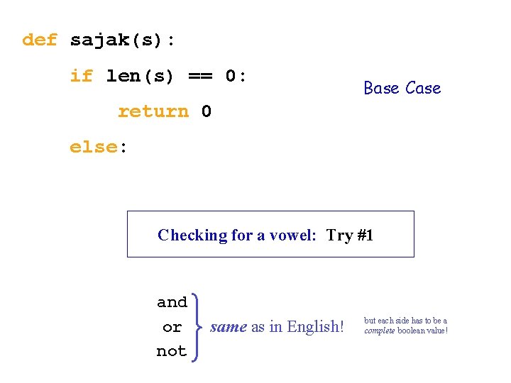 def sajak(s): if len(s) == 0: Base Case return 0 else: Checking for a