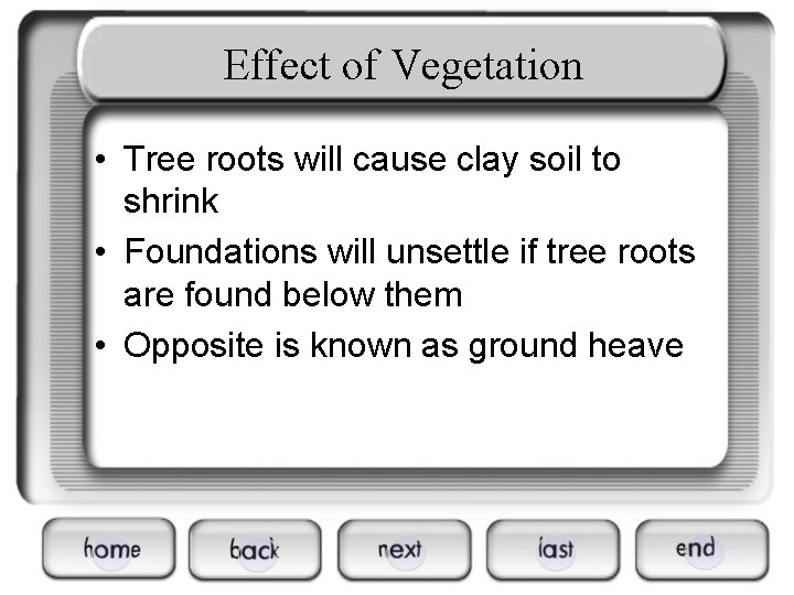 Effect of Vegetation • Tree roots will cause clay soil to shrink • Foundations