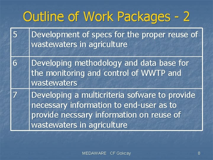 Outline of Work Packages - 2 5 Development of specs for the proper reuse