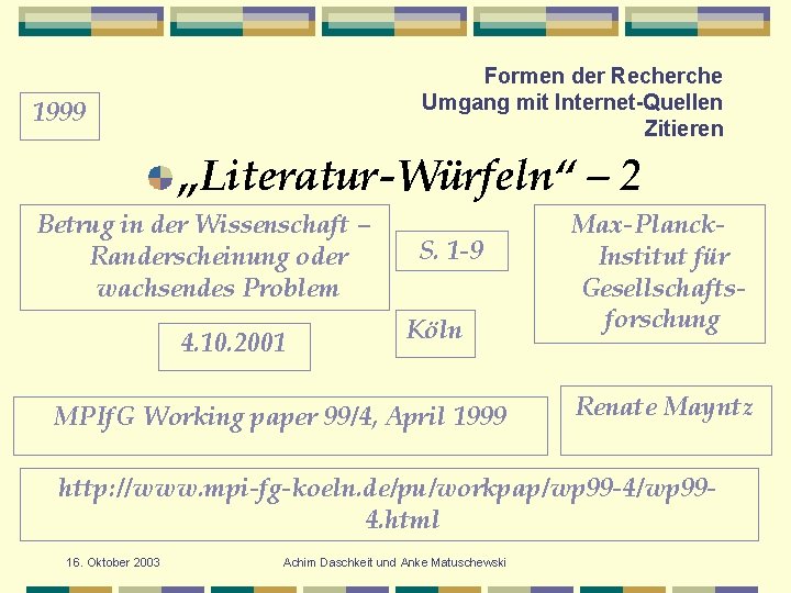 Formen der Recherche Umgang mit Internet-Quellen Zitieren 1999 „Literatur-Würfeln“ – 2 Betrug in der